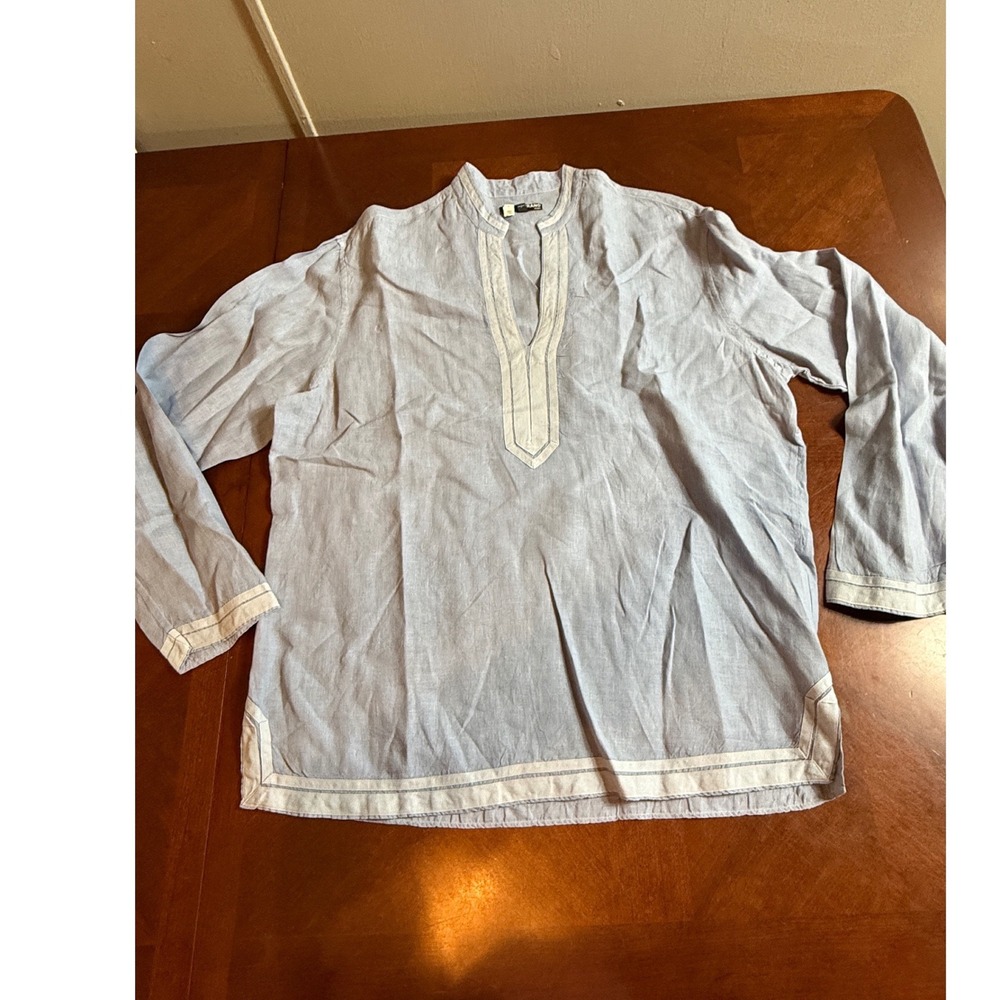 Murano Mens Linen Tunic Shirt Large Blue Long Sleeve Band Collar V-Neck Beach